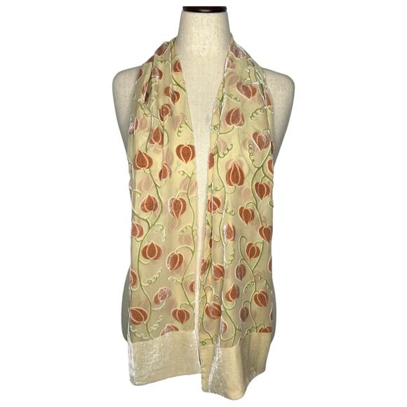 Camilla Ridley Accessories - Camilla Ridley Women's Scarf Velvet Mesh Beige Art Nouveau Floral Silk ENGLAND